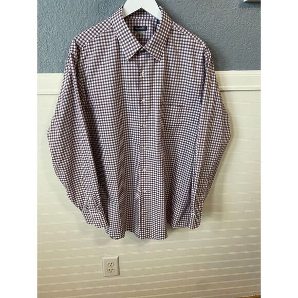 Van Heusen Regular Fit Wrinkle Free Plum Plaid Collared Dress Shirt Size 17 1/2 - Picture 1 of 7